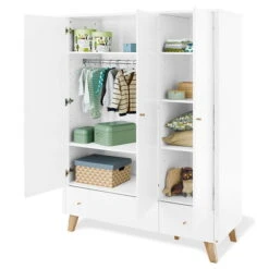 Pinolino Pan Kinderzimmer Extrabreit Groß 3türig Inkl. Wandregal Edelmatt Weiß/Eiche Klar Lackiert -Roba || Pinolino Verkaufsgeschäft 143420g offen 1