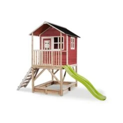 EXIT TOYS EXIT Loft 500 Holzspielhaus - Rot Klares Design - Mit Sandkasten, Rutsche & Geländer