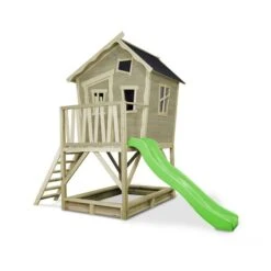 EXIT TOYS EXIT Crooky 500 Holzspielhaus - Graubeige Verspieltes Design - Mit Rutsche & Sandkasten