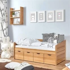 Ticaa Sofabett MINI Micki Buche 4er Schubkästen Massivholz - 80x160 Cm - Inkl. Matratze