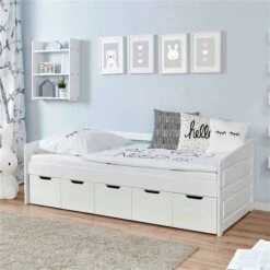 Ticaa Sofabett MINI Micki Buche 4er Schubkästen Weiß Massivholz - 80x160 Cm - Inkl. Matratze