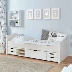 Ticaa Einzelbett Leni Mit 4er Funktionsschubkasten Weiß Massivholz - 120x200 Cm