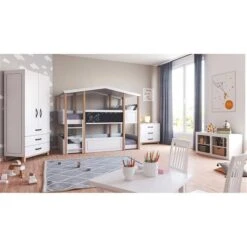 Nature Kid Cory Kinderzimmer Weiß/natur Vierteilig Mit Etagenbett Mit Dach