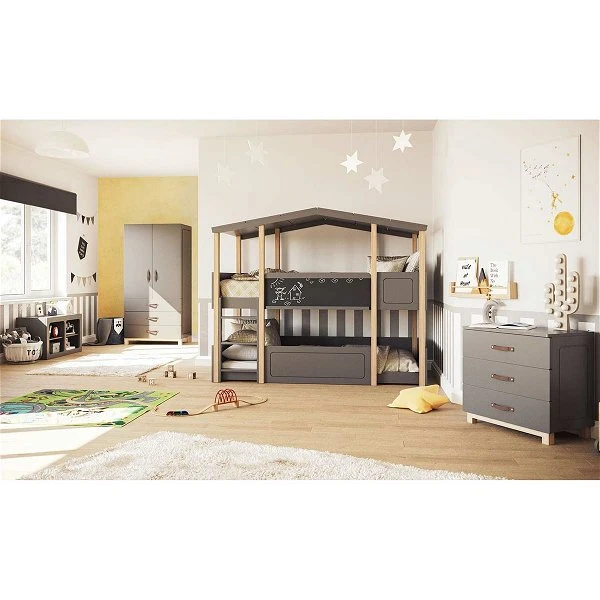 Nature Kid Cory Kinderzimmer Anthrazit 4-teilig Mit Etagenbett Mit Dach