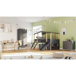 Nature Kid Cory Kinderzimmer Anthrazit 8-teilig Mit Hausbett 90 X 200 Cm, Dach & Schreibtisch