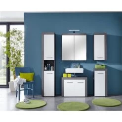 Trendteam Miami Badmöbel-Set 5-teilig Mit Spiegelschrank Beleuchtet | Weiß / Rauchsilber