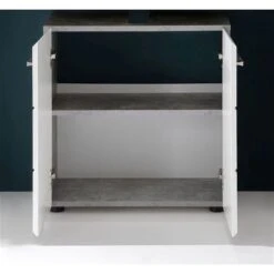 Trendteam Nano Badmöbel-Set 5-teilig Weiß Hochglanz / Beton Stone -Roba || Pinolino Verkaufsgeschäft nano bd 1846 301 35 frontal geoeffnet 1