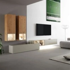 Hülsta Tetrim Wohnwand 3 - Lack & Natureiche Lowboard-Kombi & 2 Hängeelemente -Roba || Pinolino Verkaufsgeschäft tetrim kombi 3